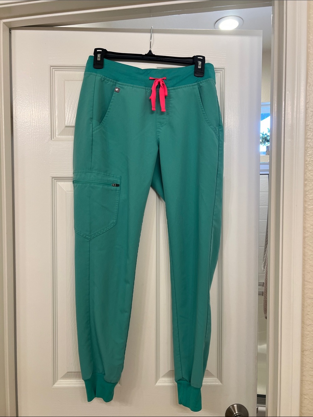 Figs Teal Jogger Scrub Pants with Pink Drawstring